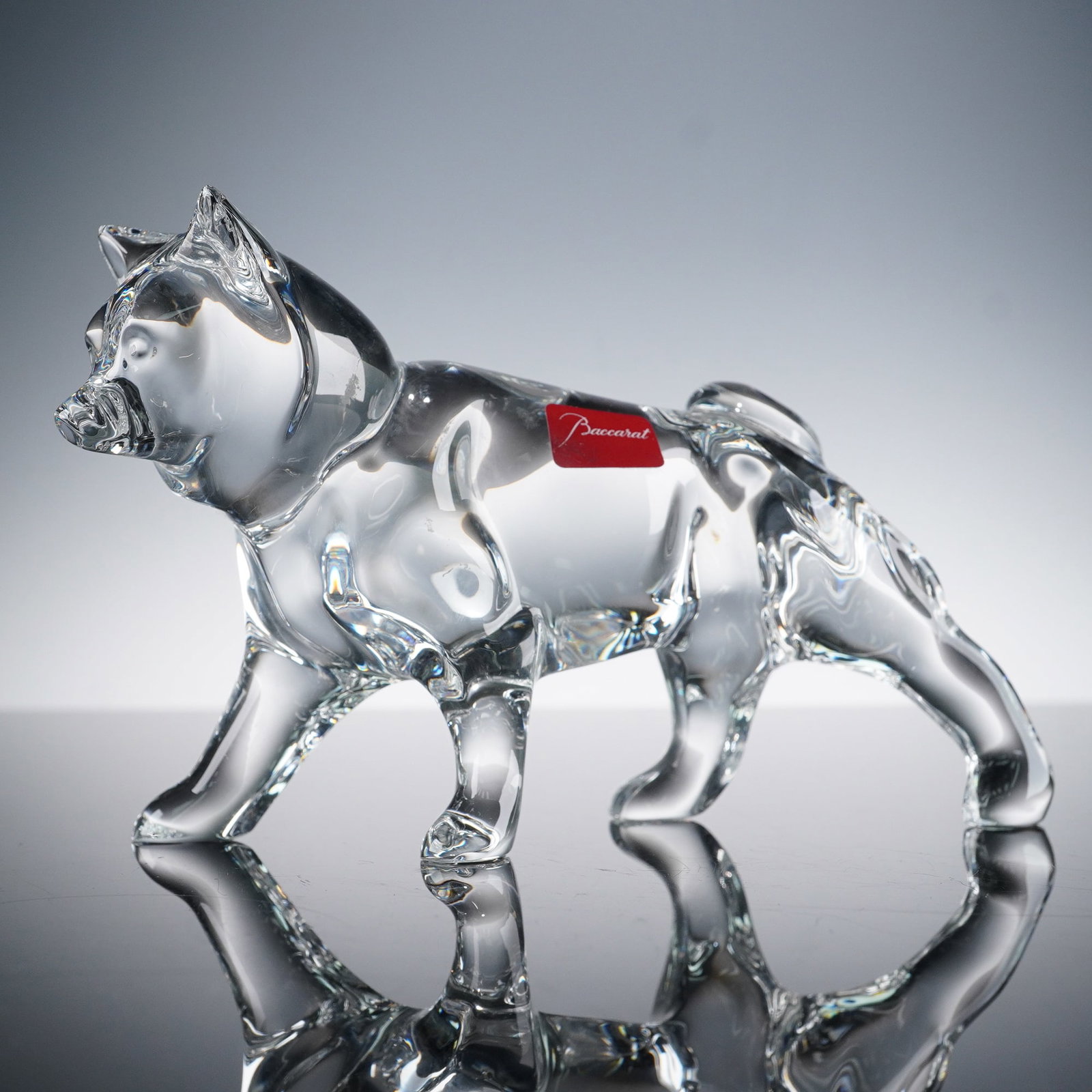 Baccarat Crystal Figurine, Shiba Inu Dog: Baccarat clear crystal figurine depicting a Shiba Inu dog standing with alert ears and curled tail, showcasing smooth sculpting and fine detail. Retains the original red Baccarat label and backstamp. 