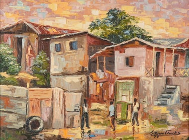 Emmanuel Pierre Charles, Haitian Oil on Canvas, After-Rain Street, Signed