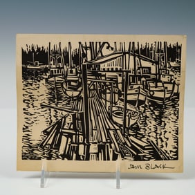 Sam Black, Harbor Scene Linocut on Paper, Signed & Inscribed