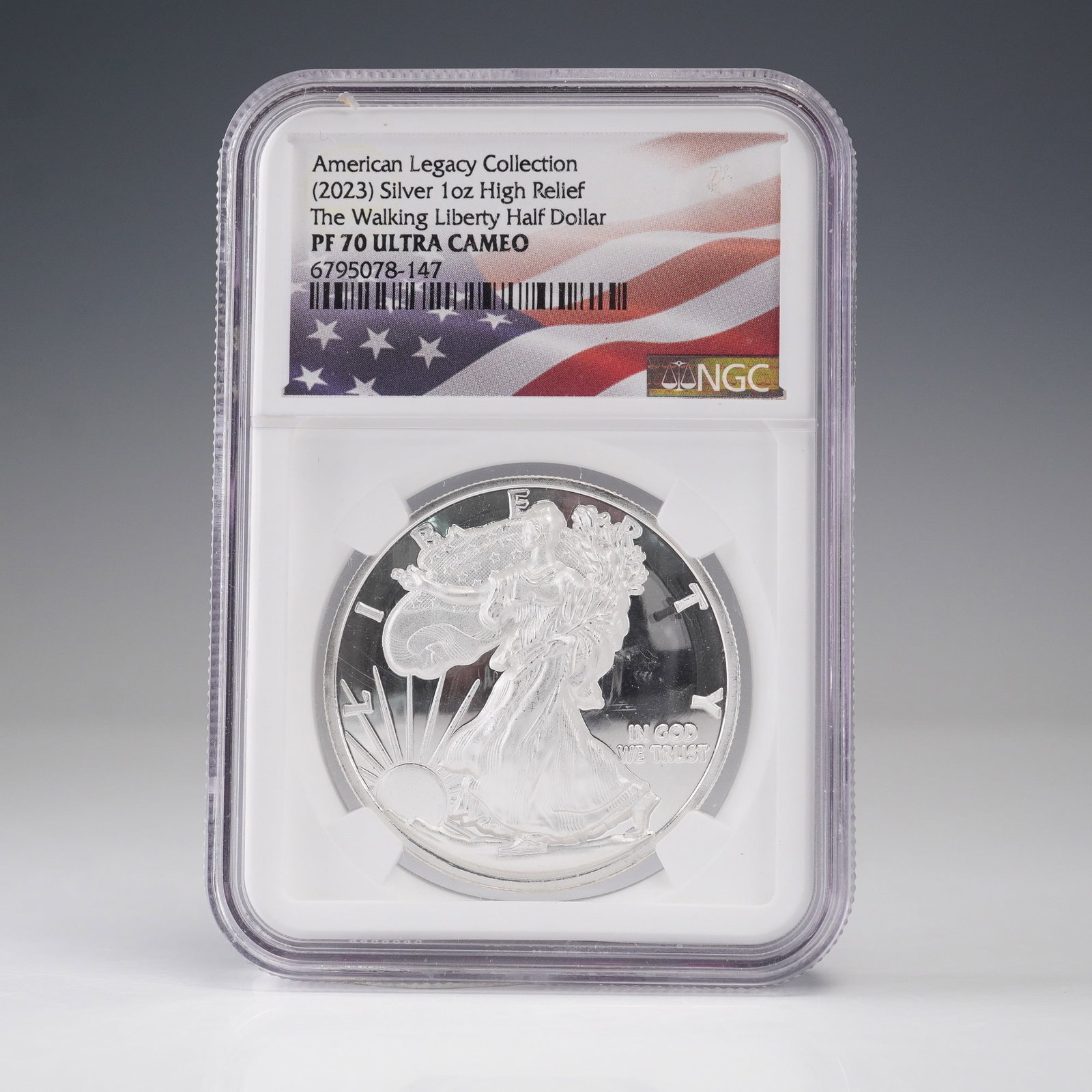 2023 1oz Silver Am. Legacy Half Dollar Med. NGC Graded PF 70 Ultra Cameo: Exquisite tribute to a classic American design, this 2023 Walking Liberty half dollar reissue is struck in one troy ounce of .999 fine silver in exquisite high relief. Certified by NGC with a flawless