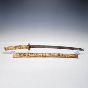 Japanese Carved Bone Sword with Figural Mounts