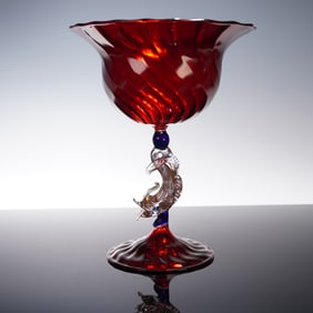 Red Venetian Glass Compote with Dolphin Stem