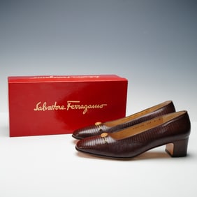 Pair of Salvatore Ferragamo Leather Heels Pumps, Gold Coin