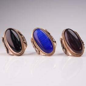 3pc Asian Silver Adjustable Fashion Rings with Gemstone Insets