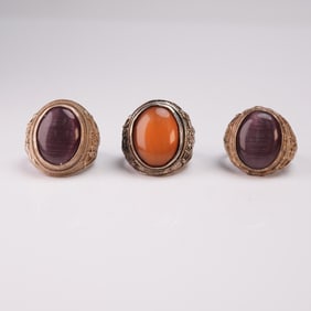 3pc Asian Silver Fashion Rings with Cats Eye Stones