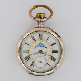 Fancy Porcelain Dial Pin Set 12S .800 Silver Case Pocket Watch