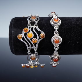 2pc Sterling Silver Amber Cabochon Bracelets