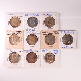 10pc Kennedy Half Dollars 1964P 1964D Includes Silver