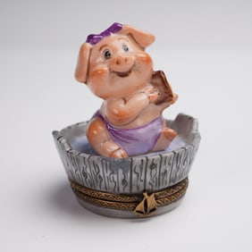 Decor Ceram Limoges Porcelain Treasure Box, Pig Washing in Tub