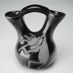 Native American Blackware Wedding Vase with Kokopelli Motif, Signed 1991