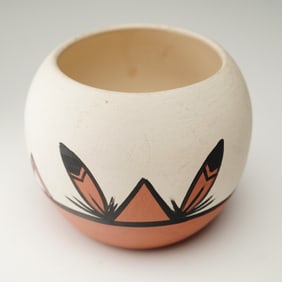 Tigua Pueblo Pottery Bowl with Feather Motif, Signed