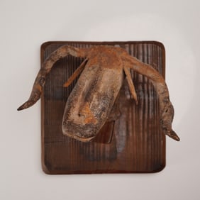 Iron Bull Sculpture Mounted on Wood Plaque