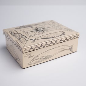 Scrimshaw Faux Bone Box with Lid, Marine Life Engravings