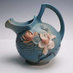 Roseville Pottery Blue Pitcher, Magnolia