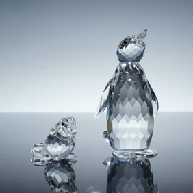 2pc Swarovski Crystal Figurines, Large Penguin and Baby Sitting Beaver
