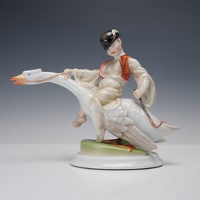 Herend Porcelain Figurine, Boy Riding Goose