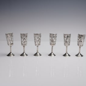 6pc Mexico Sterling Silver Overlay Cordial Glasses with Case
