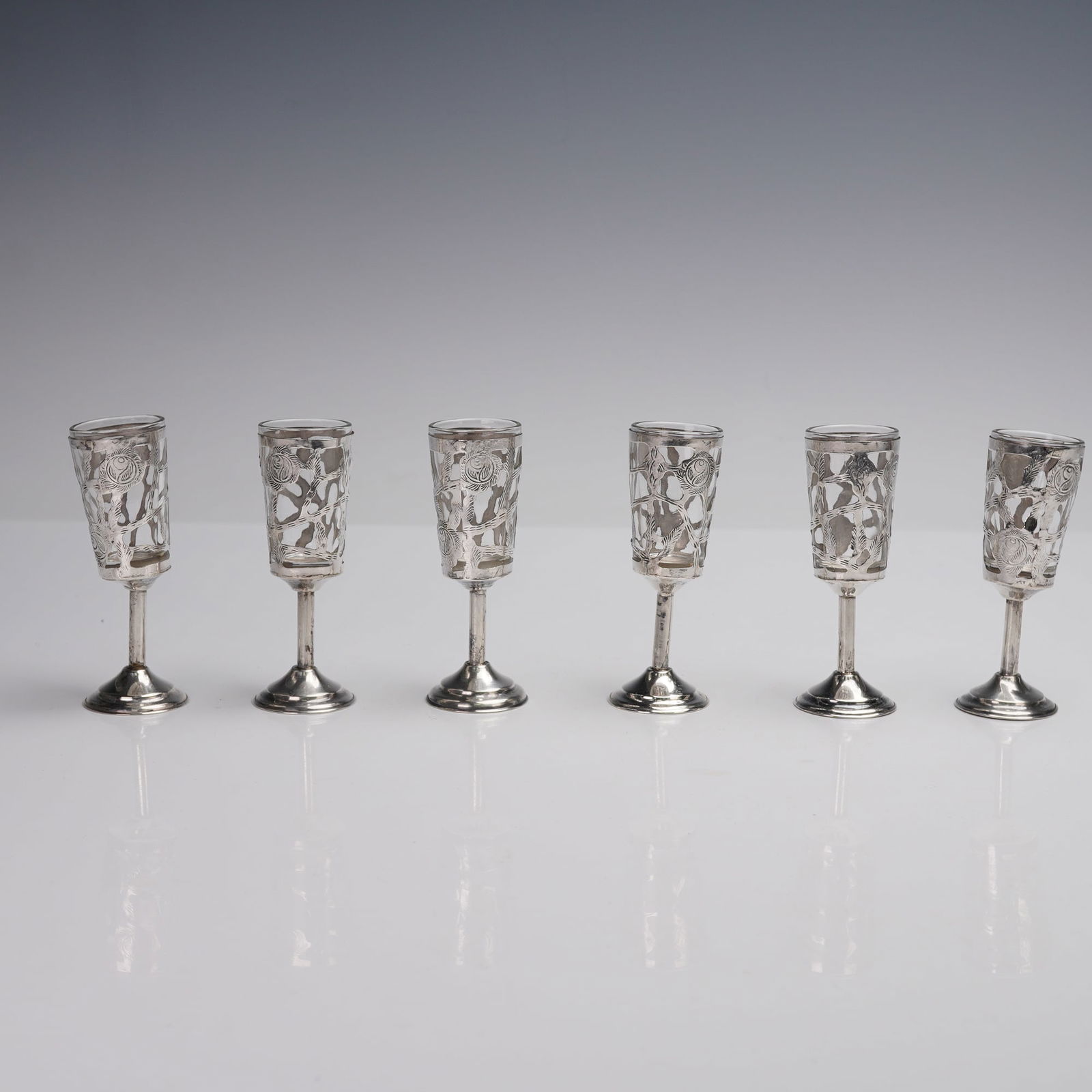6pc Mexico Sterling Silver Overlay Cordial Glasses with Case (1 of 9)