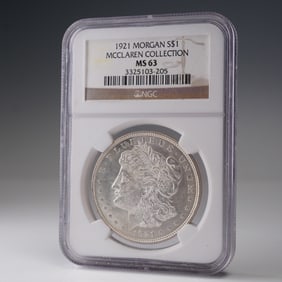 1921 Morgan Dollar Silver Dollar Coin McClaren Collection NGC Graded MS 63