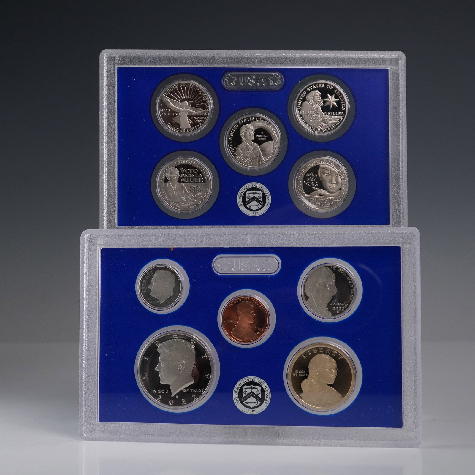 2022-S United States Mint Proof Set: This 2022 United States Mint Proof Set is a comprehensive numismatic presentation comprising ten meticulously struck coins. The set features five American Women Quarters honoring Maya Angelou, Sally R