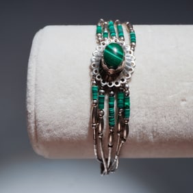 Sterling Silver Multi-Strand Malachite Bead Bracelet