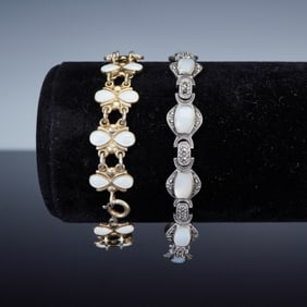 2pc Sterling Silver Denmark Enamel and Marcasite Pearl Bracelets