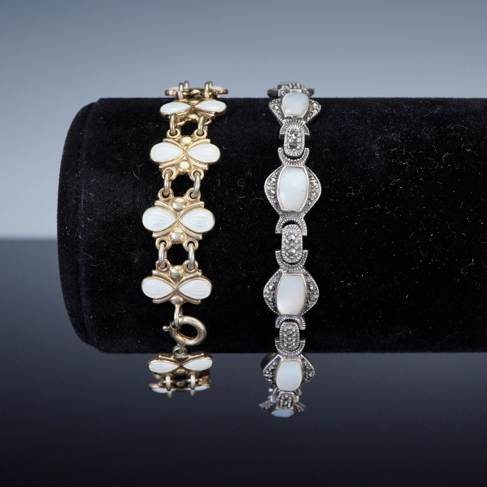 2pc Sterling Silver Denmark Enamel and Marcasite Pearl Bracelets (1 of 5)