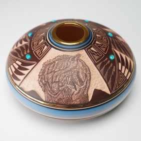Dine Etched Pottery Bear Vase w/Turquoise & 14K Gold Accents by Elmay Dawes