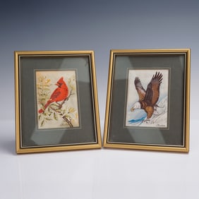 2pc J & J Cash Woven Pictures, Cardinal & Bald Eagle, Signed