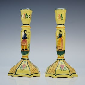 Pair Of Henriot Quimper Candlesticks, Soleil Yellow