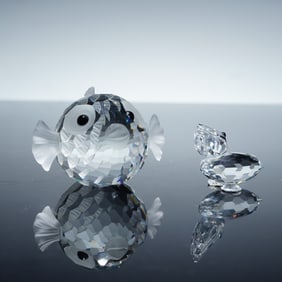 2pc Swarovski Crystal Aquatic Figurines, Large Blowfish & Small Pelican
