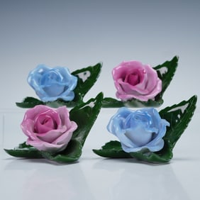 4pc Herend Pink and Blue Menus Holders, Rose on Leaf