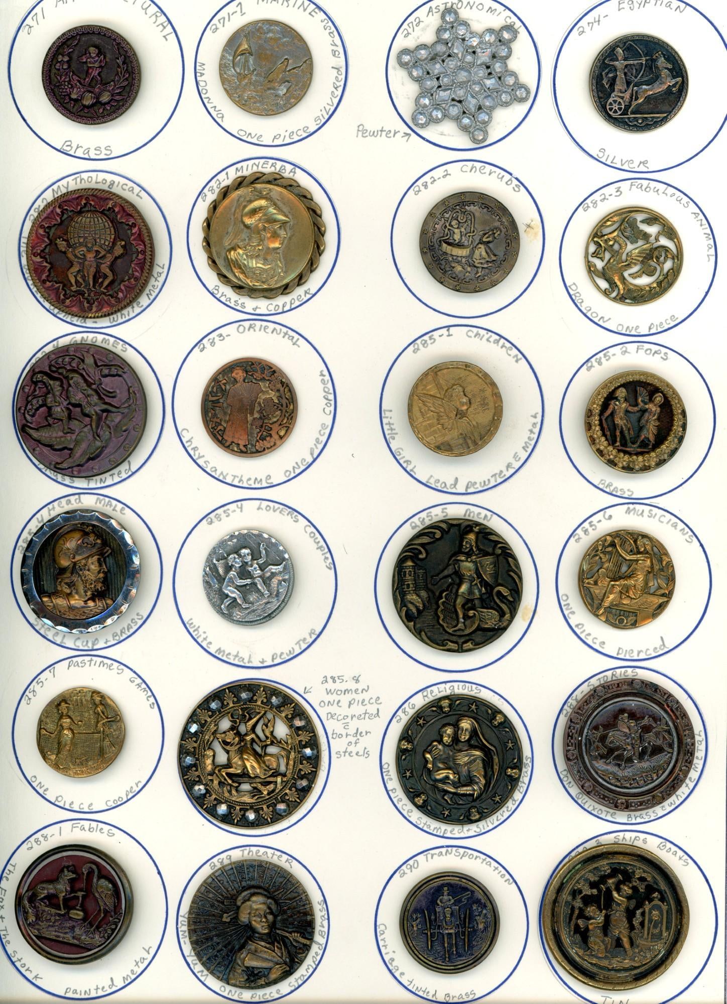 A card of mostly division one metal pictorial buttons (1 of 4)