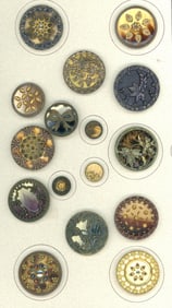 A partial card of division one celluloid buttons