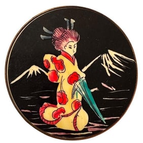 A division one colored disk Asian female figure button