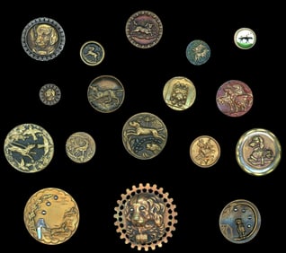 A card of division one and three assorted dog buttons