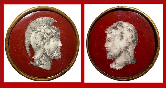 A pair of div. 1 pictorial transfer porcelain button