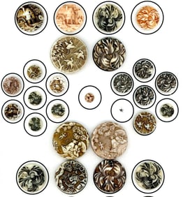 A card of division one pictorial white glass buttons