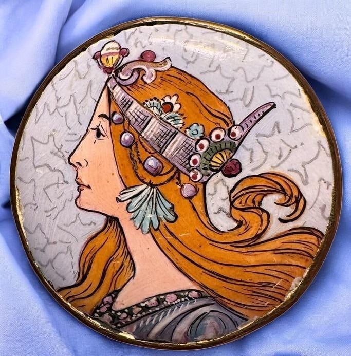 A RARE division one pictorial enamel button: 1 Large 19th century Alphonse Mucha style example. This is an incredible example of Art Nouveau design. Alphonse Mucha known to many as the father of the Art Nouveau period was famous for this particu