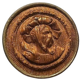 A division one carved wood in metal button