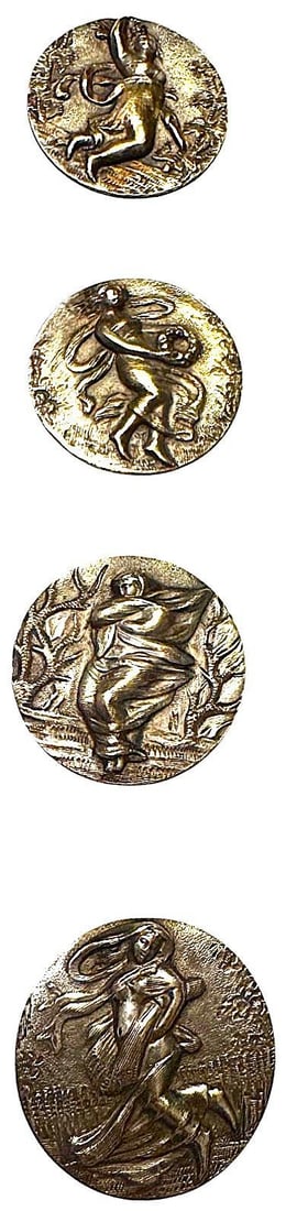 A set of division one four seasons buttons: 4 Medium size early 20th century flowing relief designs. The set of 4 representing a design in Art Nouveau style depicting a flowing design of a women representing Spring, Summer, Fall, and Winter, ea