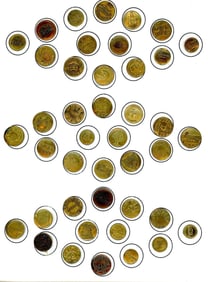 A card of assorted division one OVERALL buttons.