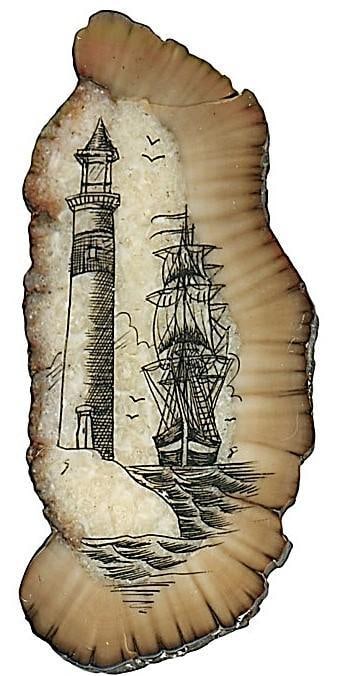 A division three studio artist pictorial button: 1 very large shaped 21st C. hand engraved and carved Antler horn. Here is beautifully designed and created button depicting a lighthouse and scene. The scrimshaw work is finely crafted and the artwork