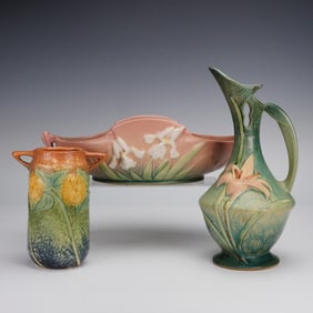 3pc Roseville Pottery Iris Console Bowl, Zephyr Lily Ewer & Sunflower Vase