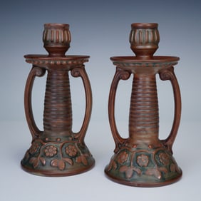 2pc Weller Pottery Clarmont Candle Holder Set, Arts & Crafts Design