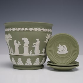 4pc Wedgwood Arcadian Flower Pot with 3 Sweet Dishes Set, Sage Green