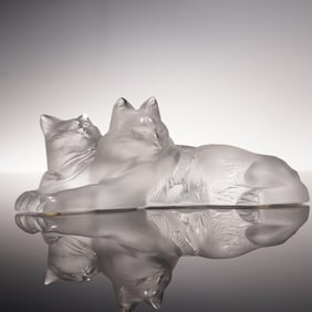 Lalique Crystal Figurine, Happy and Heggie Cats