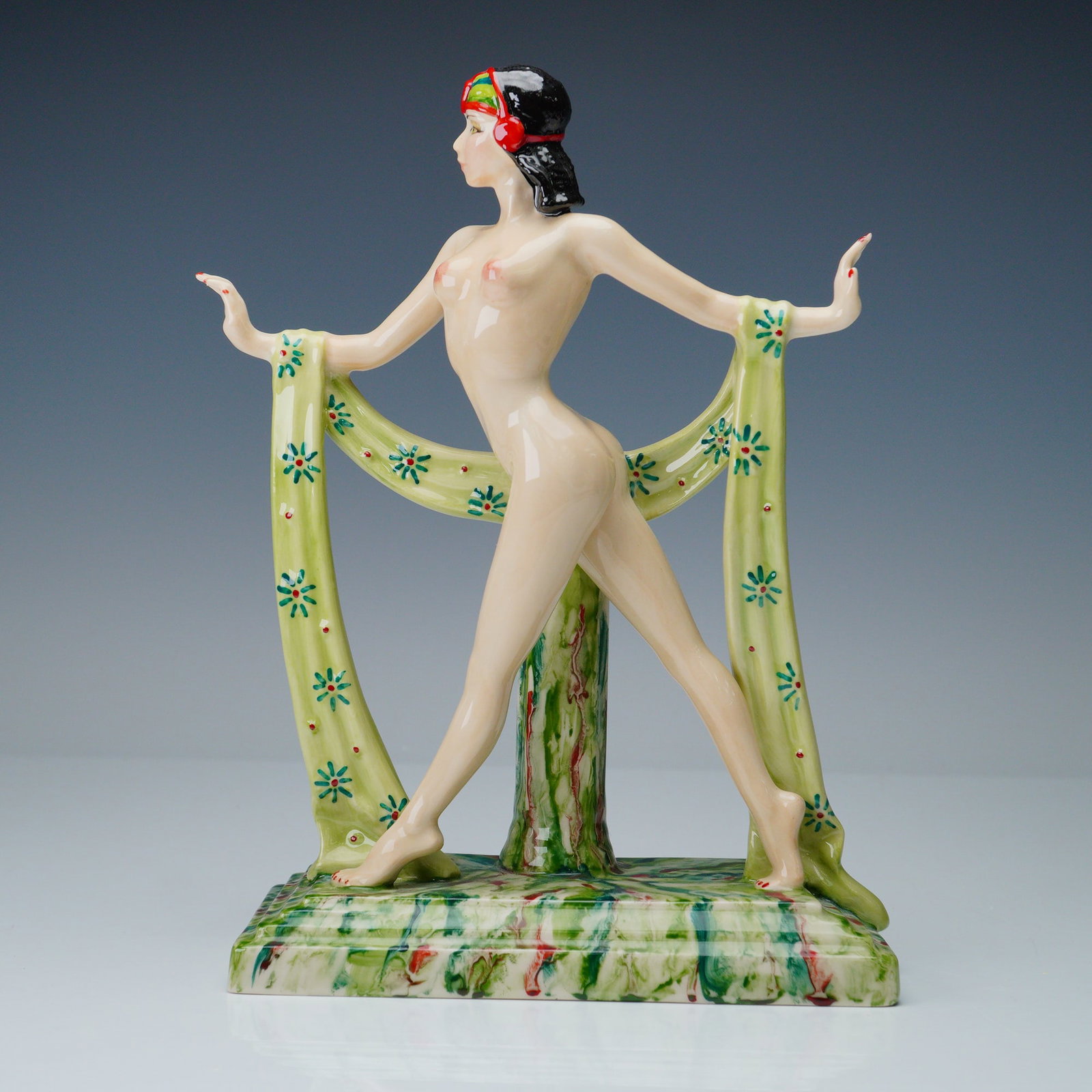 Kevin Francis Figurine, Free Spirit, Artist Original Proof: An exceptional and rare Kevin Francis ceramic figurine titled Free Spirit, artist original proof sculpted and hand-painted by Martin Thompson. This striking Art Deco-inspired nude dancer is posed mid-