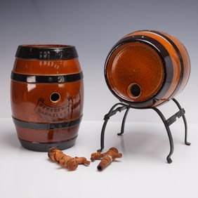 5pc Royal Doulton Lambeth Stoneware Barrels with Stand and Knob Taps