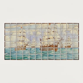 72pc Doulton Lambeth by William Rowe Tile Panel of Sailing Ships